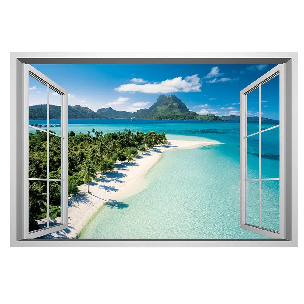 Lichi Pegatina de Pared 3D de Ventana Falsa de Escena de Playa en Isla, Vinilo Decorativo para Decoración del Hogar