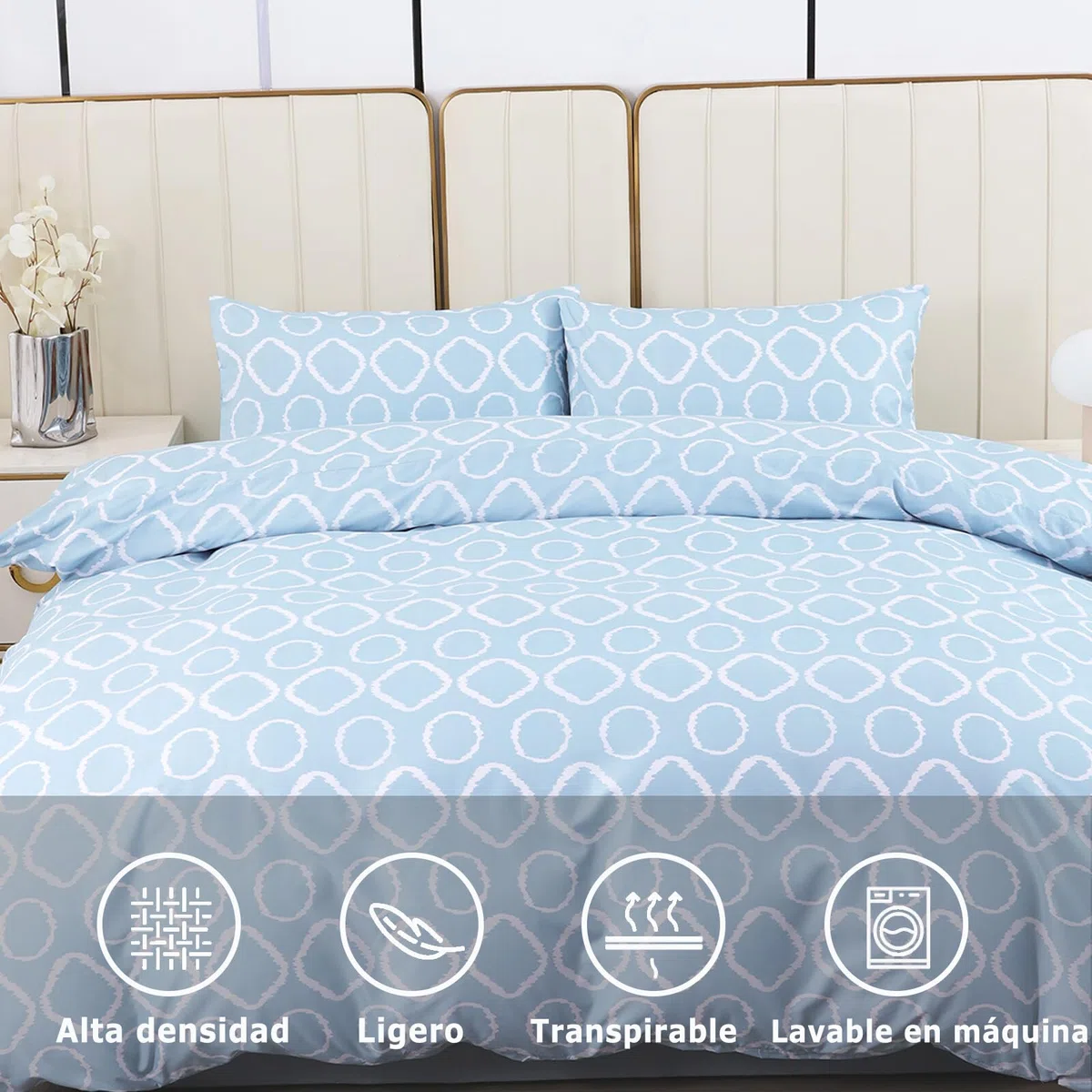 Juego Funda Nórdica 4 Piezas para Cama 135 - Funda Nordica 220x220cm, Bajera 135x200cm, 2 Fundas Almohada 50x75cm, Estampado Círculos Azul Claro, Microfibra Suave Transpirable
