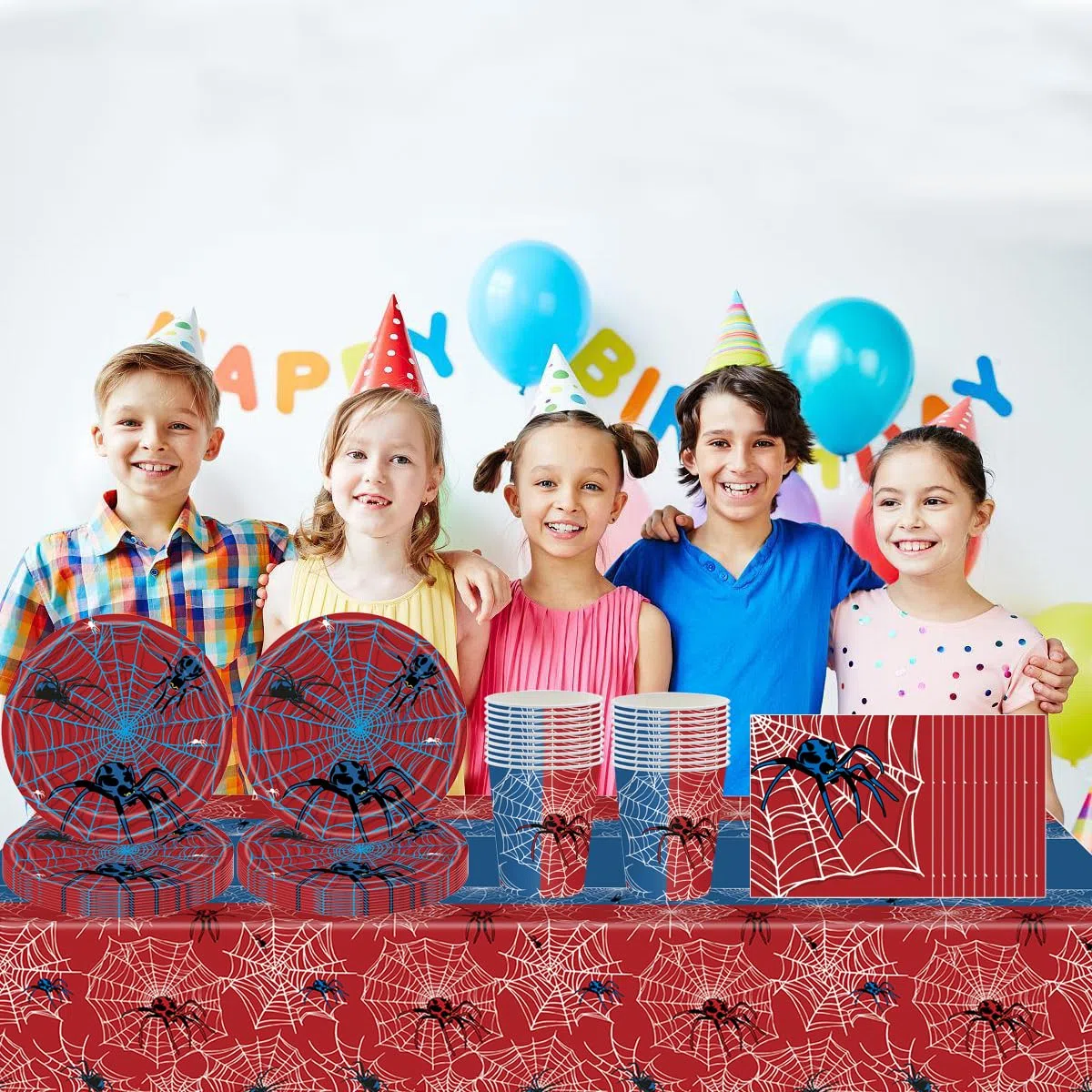 61 piezas de vajilla para fiesta de cumpleaños infantil con temática de telaraña roja, fiesta de Halloween con telaraña roja, incluye vasos, platos, manteles y servilletas, para 20 personas
