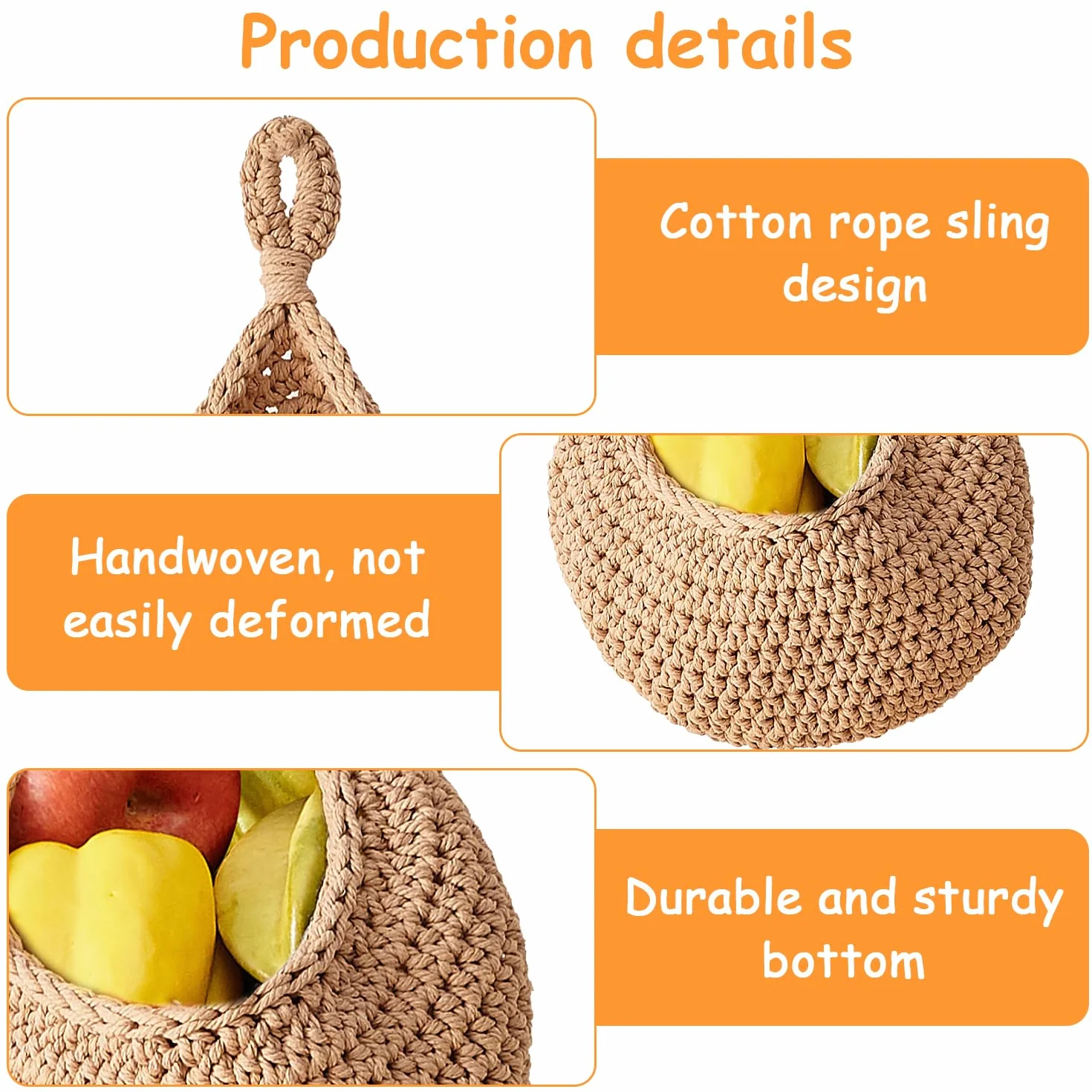 3 Piezas Cestos para colgar de mimbre tejidos a mano - Almacenaje y decoración bohemia para frutas, verduras, flores y juguetes de peluche (Yute)