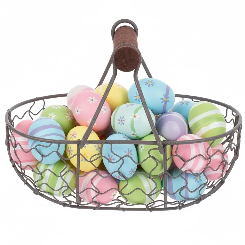 Cesta de de alambre con mango de madera, cesta de recolección de de estilo rústico vintage, cesta de almacenamiento de alambre para verduras para llevar, recolección de de gallina