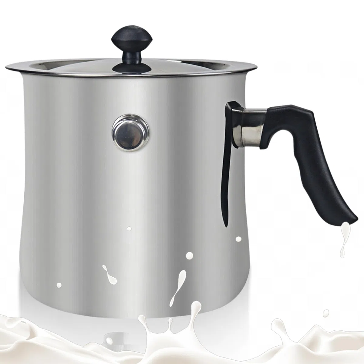 Olla para leche, 1,5 litros, doble pared, acero inoxidable, 16,5 mm de diámetro, olla a fuego lento con vertedor y tapa, 15 cm de alto, con mango de plástico antideslizante, apta para todo tipo de