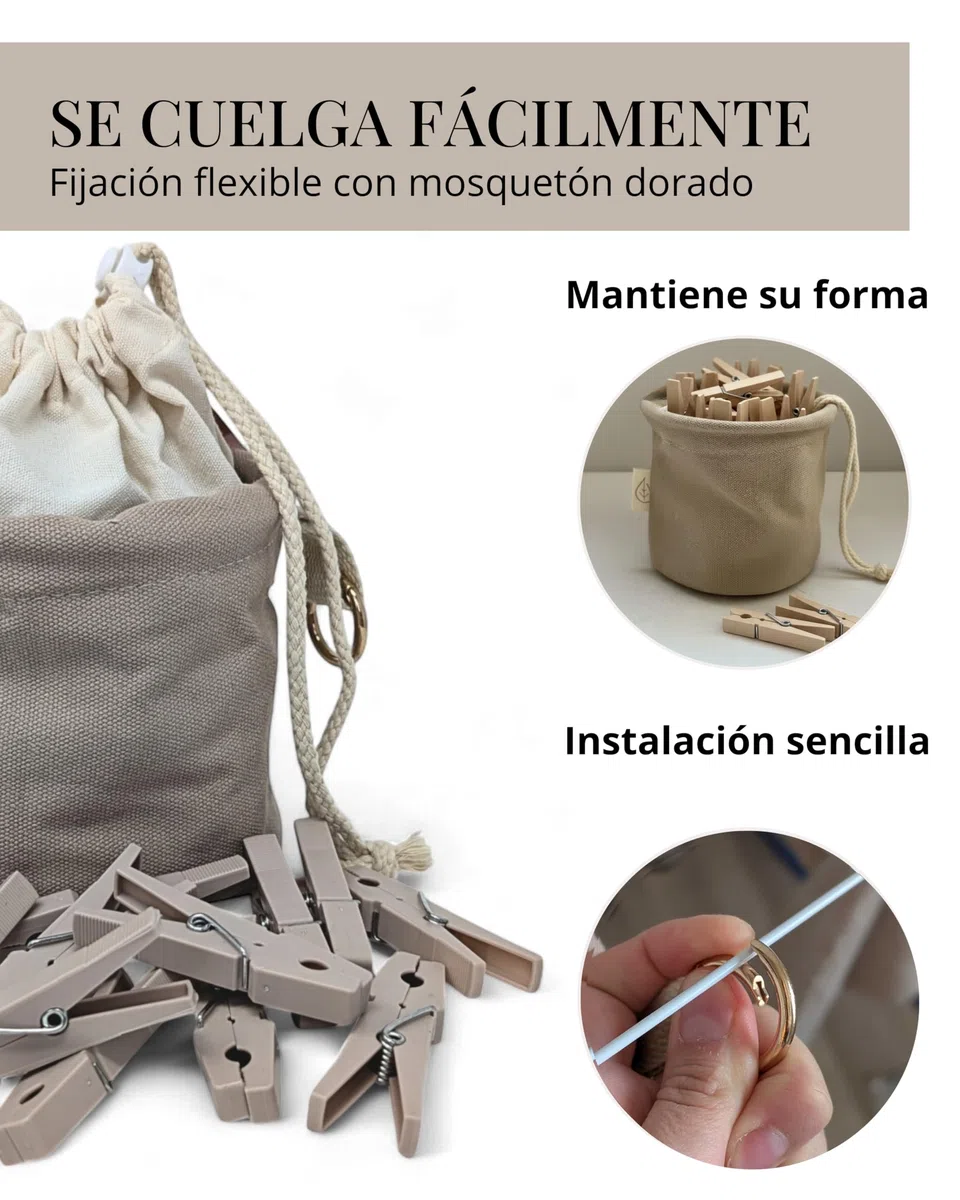 LIVLIG Bolsa para pinzas de la ropa de tela de lona de, con cordón y mosquetón, suficiente espacio para hasta 60 pinzas, bolsa duradera para pinzas de la ropa, beige