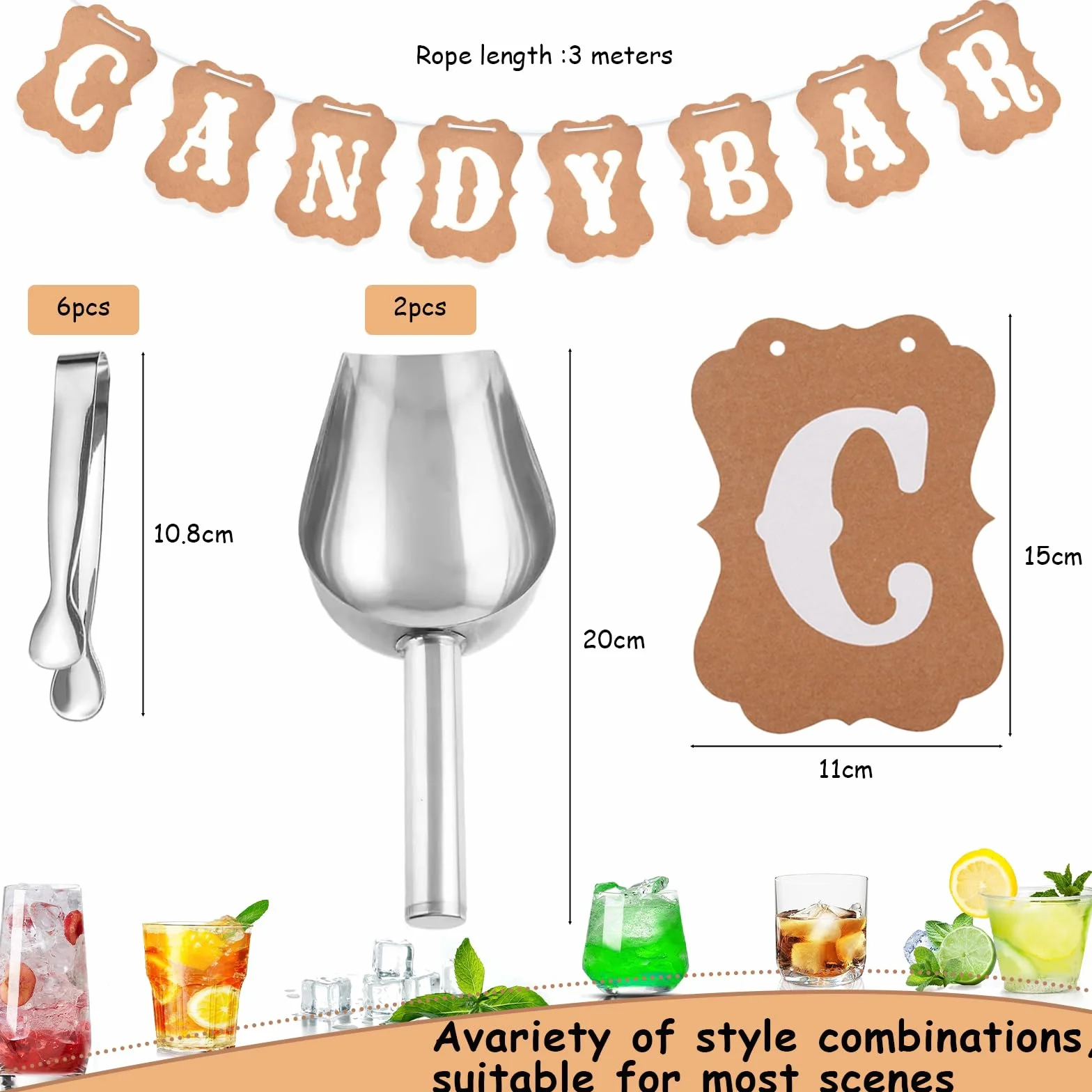 Candy & Bar Accesorios Deko Set, Incluye 6 Pinzas de Azúcar, 2 Palas y 1 Guirnalda Decorativa, Pinzas para cubitos de hielo para bodas y fiestas