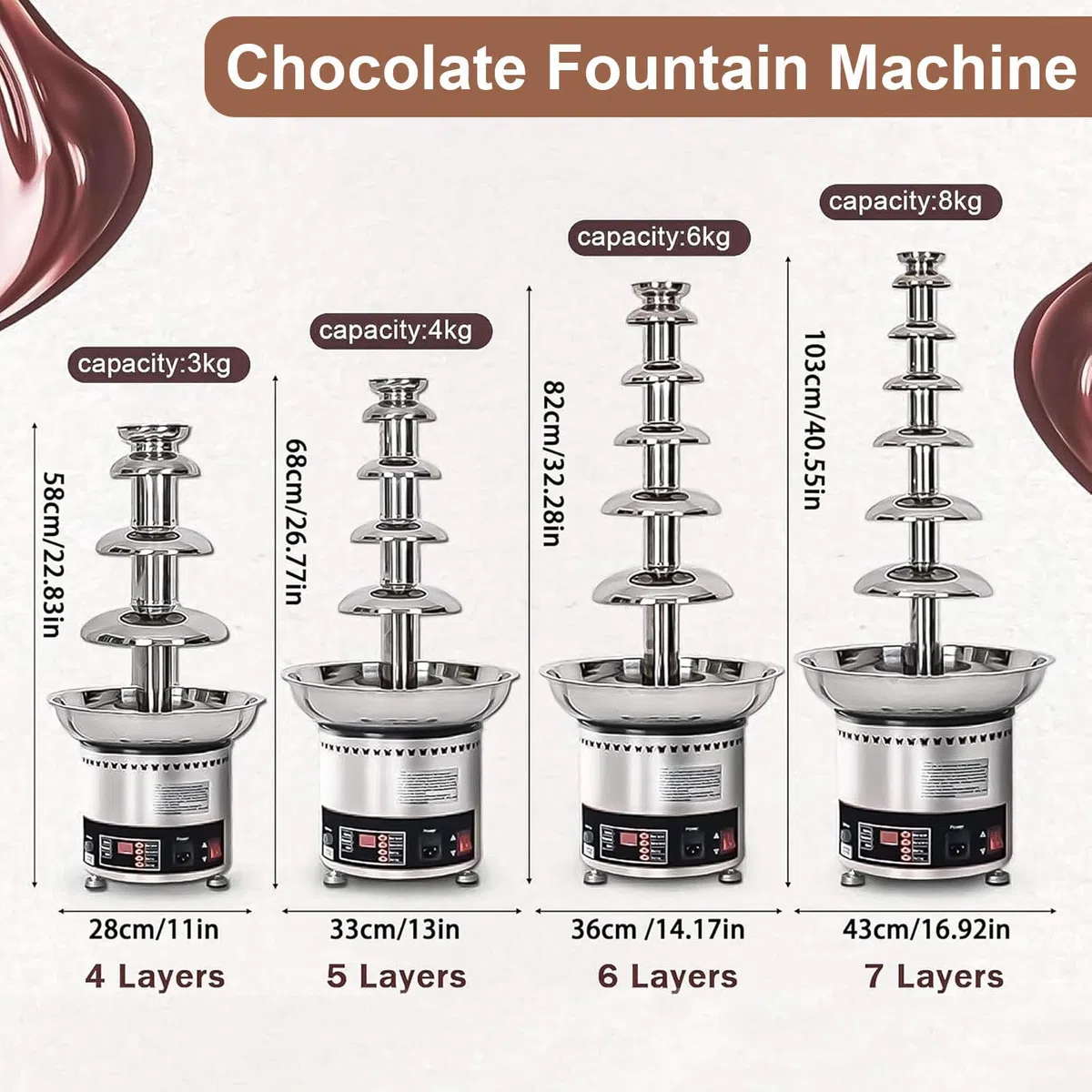 Máquina de fuente de chocolate, fuente de fondue comercial de acero inoxidable para derretir queso y chocolate, 4 capas, perfecta para fiestas y reuniones