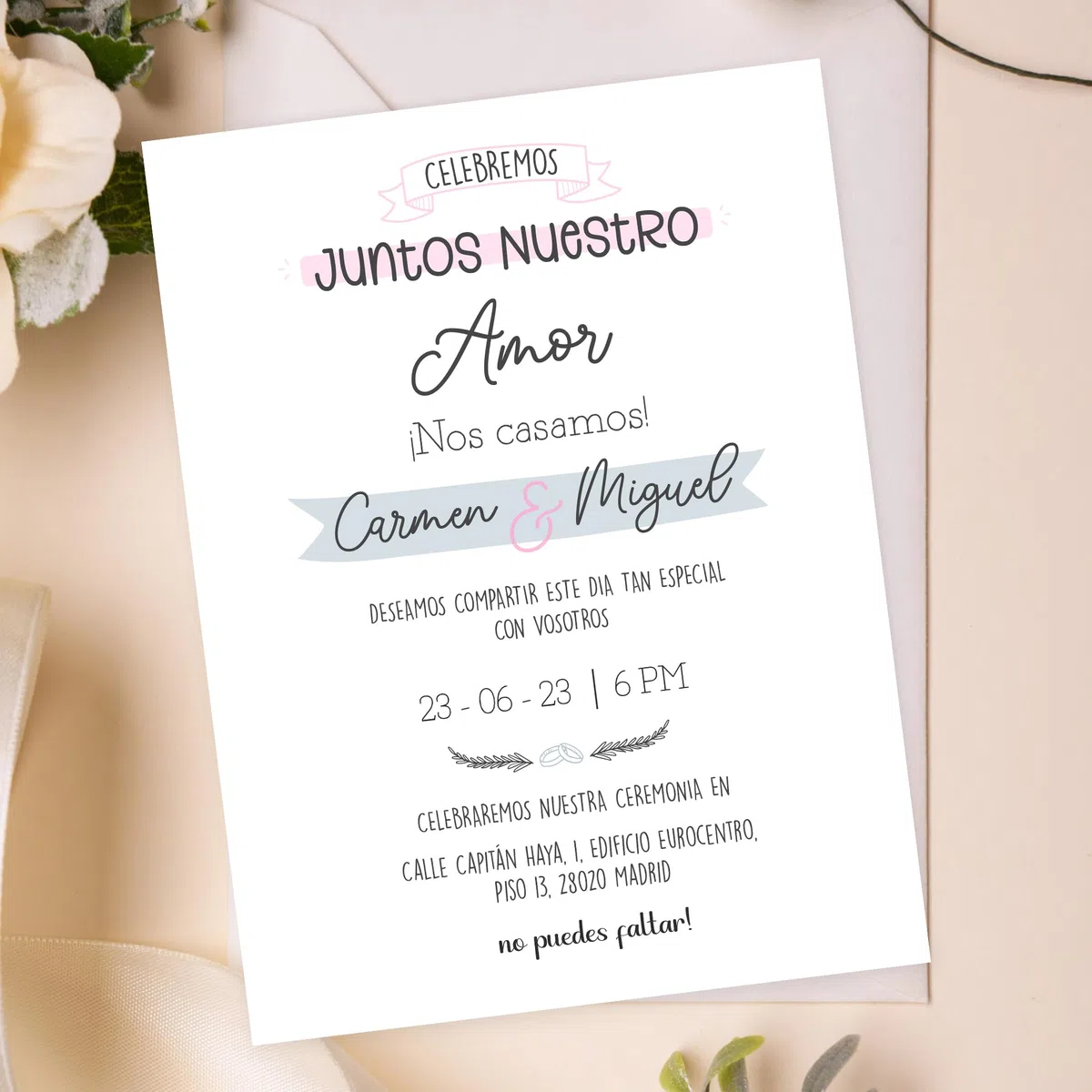Invitaciones de Boda Personalizadas | Tarjetones A5 Blancos Personalizable con Nombres, Fecha y Textos | 25, 50 y 100 unidades Ceremonia Compromiso 2 Modelos para Recuerdos Boda (Modelo 2)
