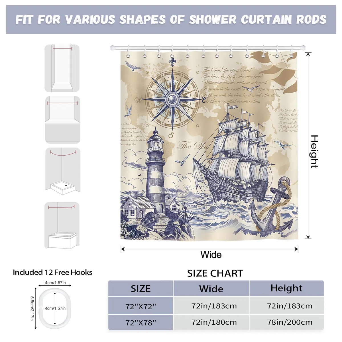 Retro Náutico Cortina de Ducha 180x200 cm Velero Faro Ancla Brújula Gaviota Costa Olas Impermeable Poliéster Azul Cortina Bañera con 12 Ganchos Lavable a Máquina para Baño Bañera