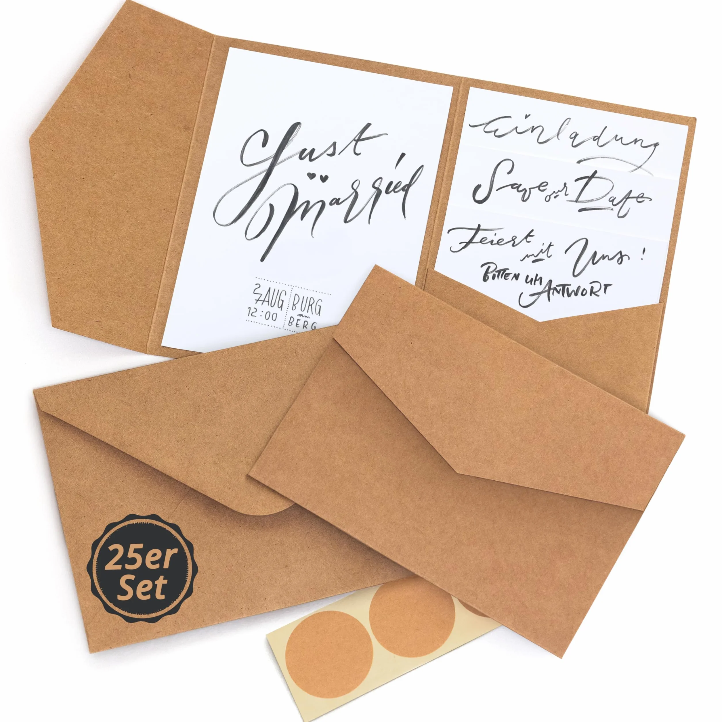 Japun - Pocketfold, Tarjetas de papel kraft en blanco plegables de bolsillo que incluyen sobres (DIN B6), boda, invitación - marrón - 25 piezas