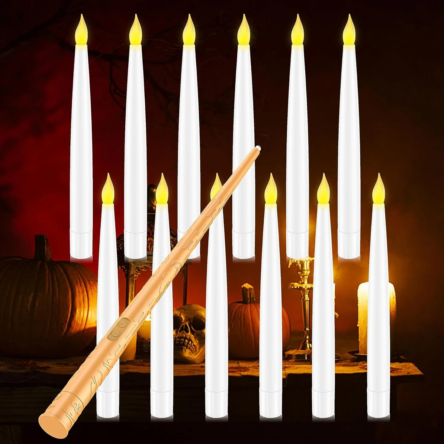 Velas Flotantes con Varita, 12 Velas Floating Mágicas, Velas LED Alimentada por Pilas, velas LED sin llama parpadeantes luz Cónica Eléctrica Parpadeante para Familiar Decoración