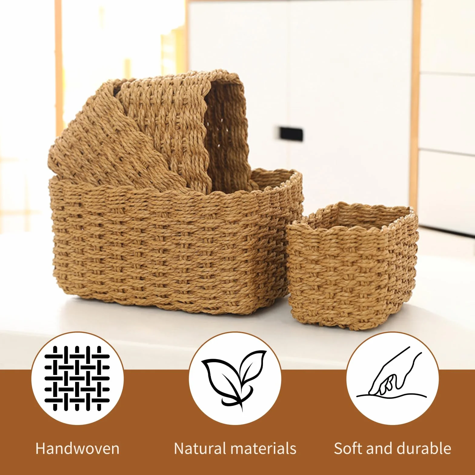 4 Cestas Tejidas a Mano Cestas Rectangulares De Mimbre Versátiles, Ideales Para Organizar Estanterías, Adecuadas Para Baños, Cocinas y Oficinas, y También Perfectas Para Envolver Regalos