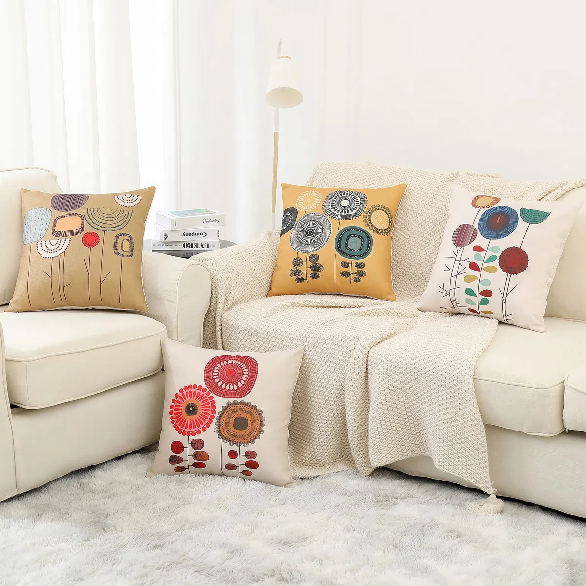 Fundas Cojines 45x45 cm, Fundas de Cojines Modernas Juego de 4 Funda de Almohada Elegantes Decorativa para Sofá Coche Cama Sillas (Floral-Lino Algodón)