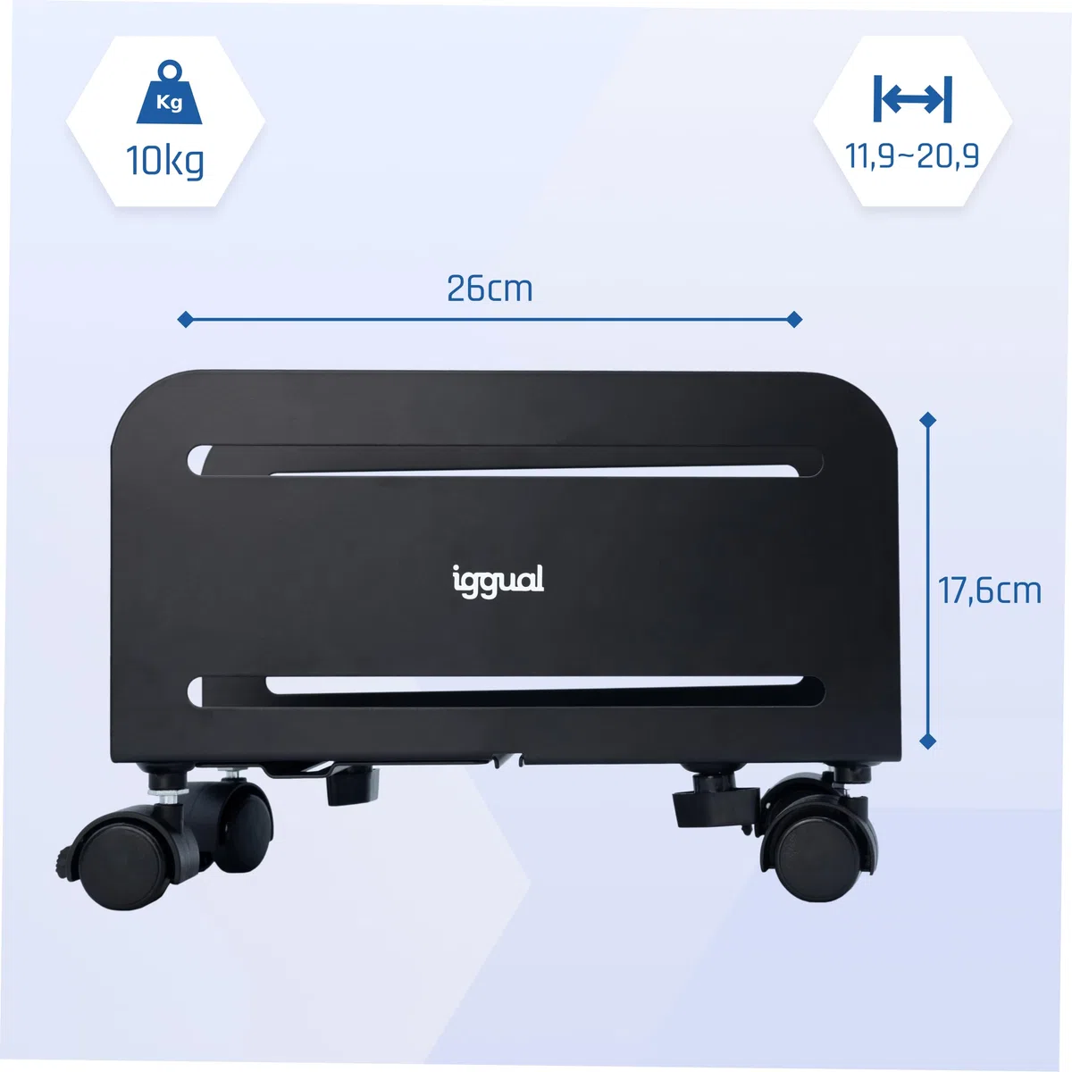iggual -Soporte para CPU Ajustable.-Soporte Torre Ordenador Bajo Escritorio.-Soporta hasta 10kg, Metálico. -Soporte PC con Ruedas, 2 Ruedas con Función de Bloqueo y 2 Ruedas Direccionales-Negro SOP2