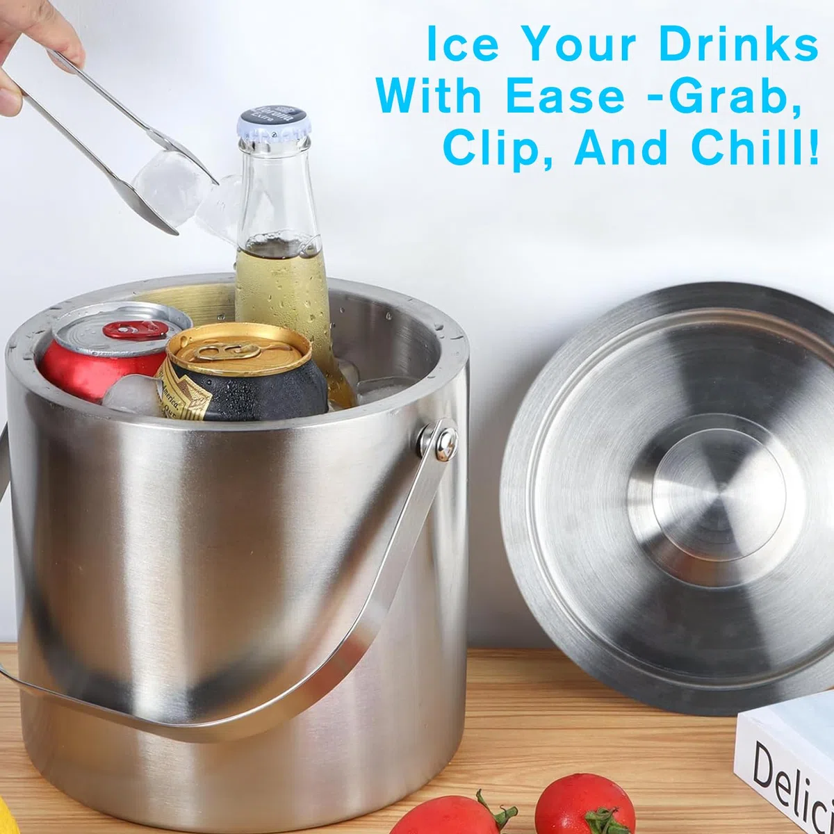 Cubitera de acero inoxidable, cubo hielo de 1,6 l con diseño de doble pared, recipiente para cubitos, pala de hielo y pinzas, enfriador portátil