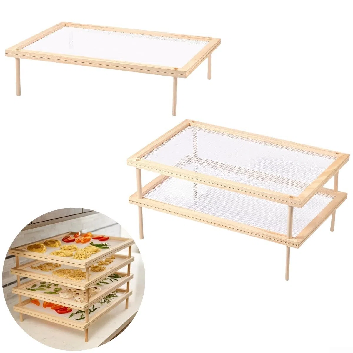 Yhenlovtt Layout - Estante de secado de hierbas apilable para pasta con soporte para secadora de alimentos, multicapa para almacenamiento y organización de cocina, soporte de madera para H (doble capa