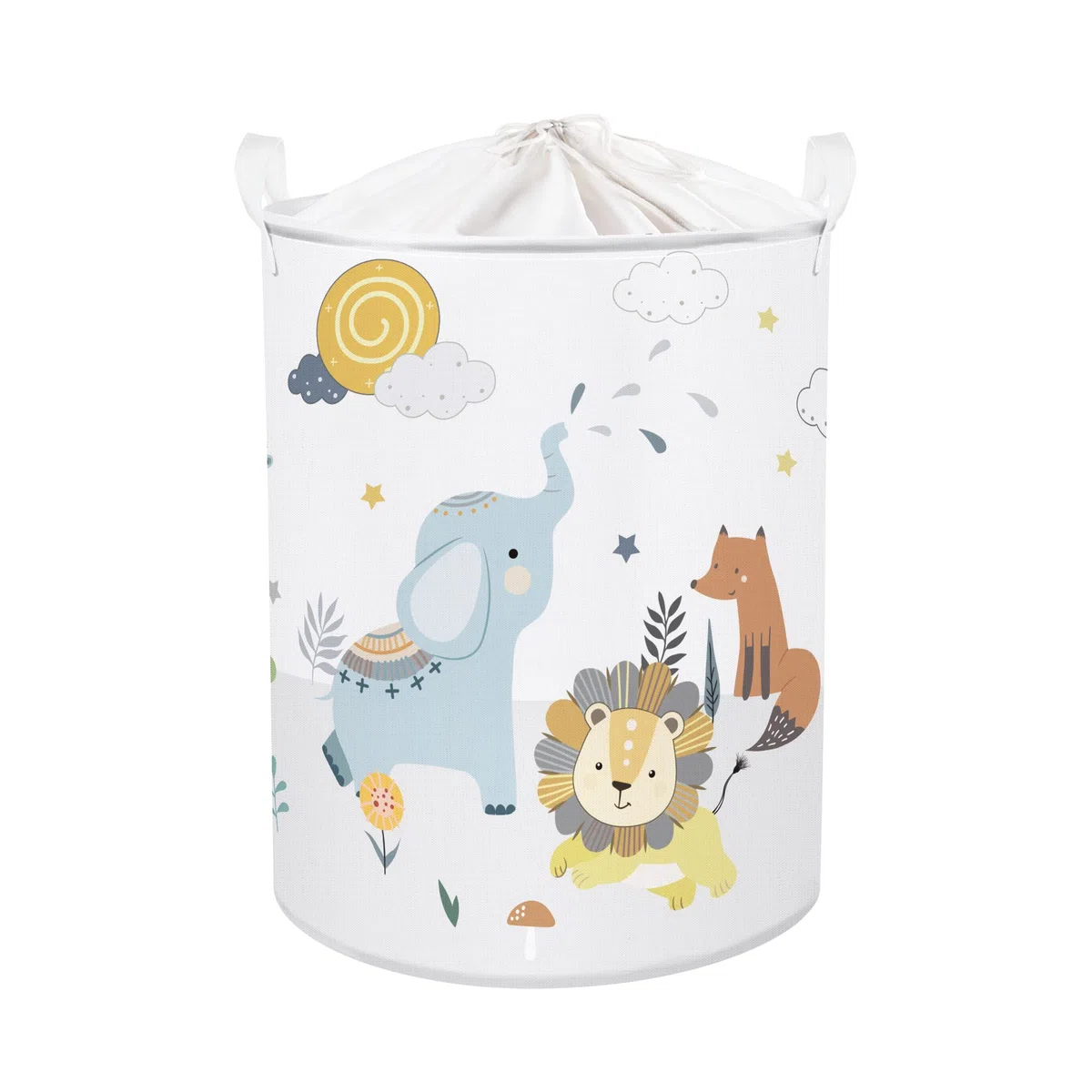 Clastyle 45L Cesta Ropa Sucia Animales Dibujos Elefante Zorro León Nubes Cestos Almacenaje Juguetes Blanco Plegable Redonda para Habitación Infantil, 36x45 cm
