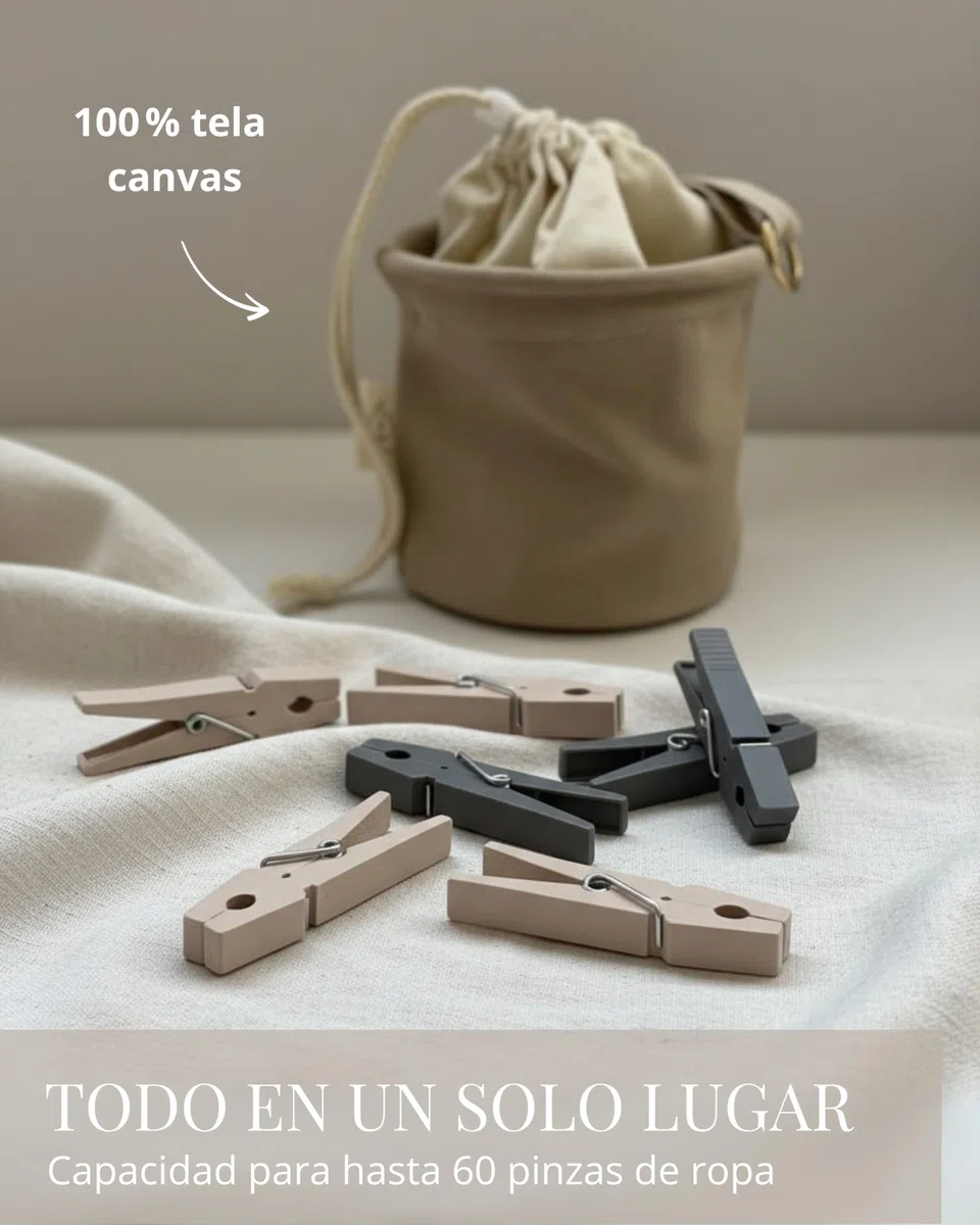 LIVLIG Bolsa para pinzas de la ropa de tela de lona de, con cordón y mosquetón, suficiente espacio para hasta 60 pinzas, bolsa duradera para pinzas de la ropa, beige