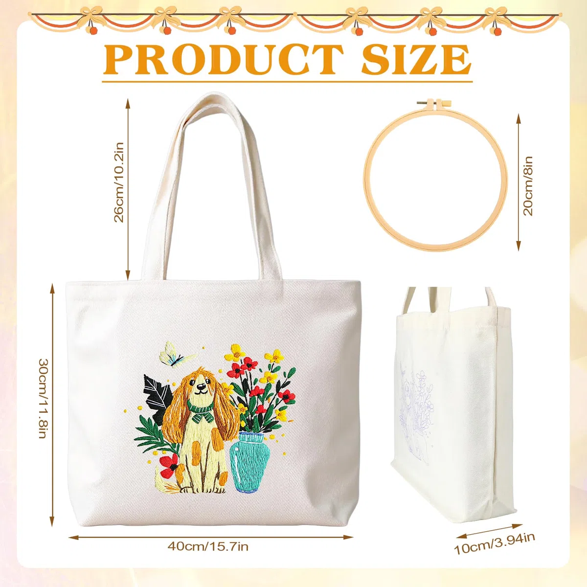 JSRQT Perro Kit de Bordado Bolso de Lona, Kit de Inicio Punto Cruz con Estampado de Flores para Principiantes Adultos, Bordado Hecha a Mano para Amantes Manualidades, con Instrucciones, Aguja e Hilo