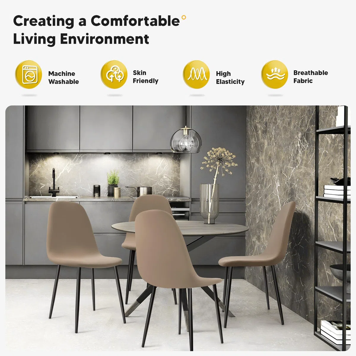 Fundas de Sillas de Comedor 4 Piezas Fundas Sillas Elásticas Ajustables Funda para Sillas de Cocina Modernas Lavables Cubiertas de Sillas para Comedor Hogar Hotel (Caqui, 4 Piezas)-KC