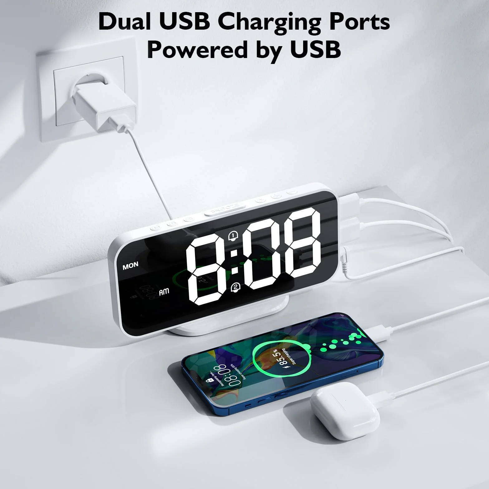 Despertador Digital Pantalla LED Espejo Clara Grande Alimentación por Cable USB Eléctrico, Reloj Despertador Digital Brillo Regulable con Snooze, 2 Puertos de Carga USB, Incluye Adaptador
