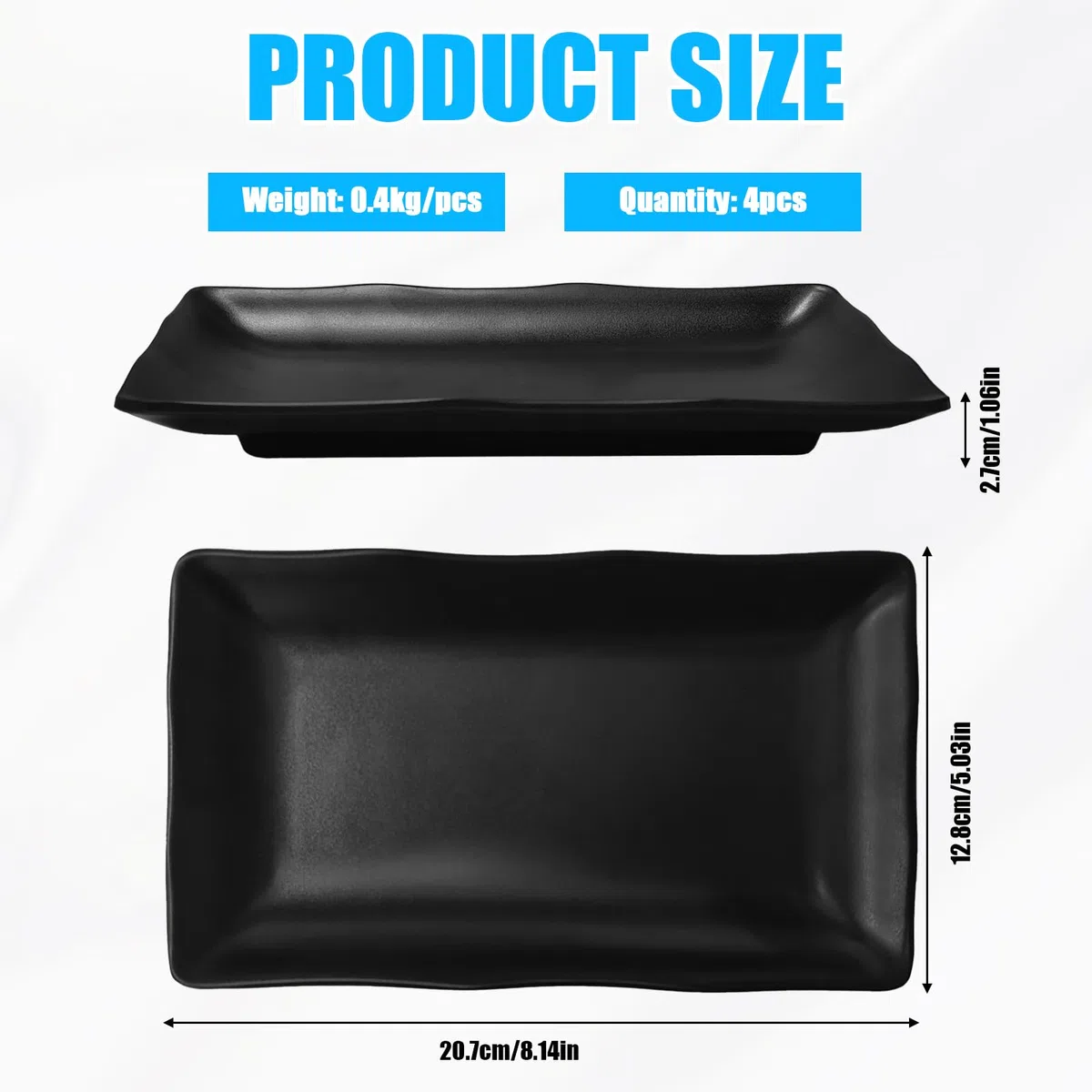 4 platos rectangulares de color negro, platos de melamina, platos para entrantes, platos de postre, platos de aperitivos para sushi, pasteles, ensaladas, frutas, antipasti y guarniciones