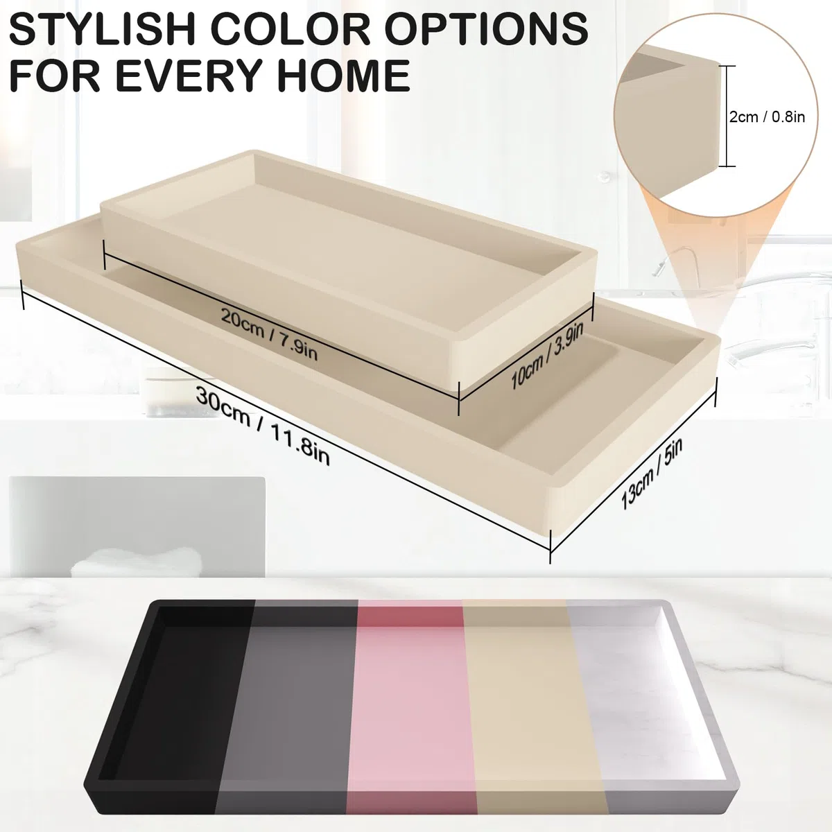 Bandeja de tocador de baño 30x12,5 cm, dispensador de jabón, Bandeja de Fregadero de Cocina de Silicona Antideslizante y fácil de Limpiar, Adecuada para perfumes, Velas, Joyas（Beige）