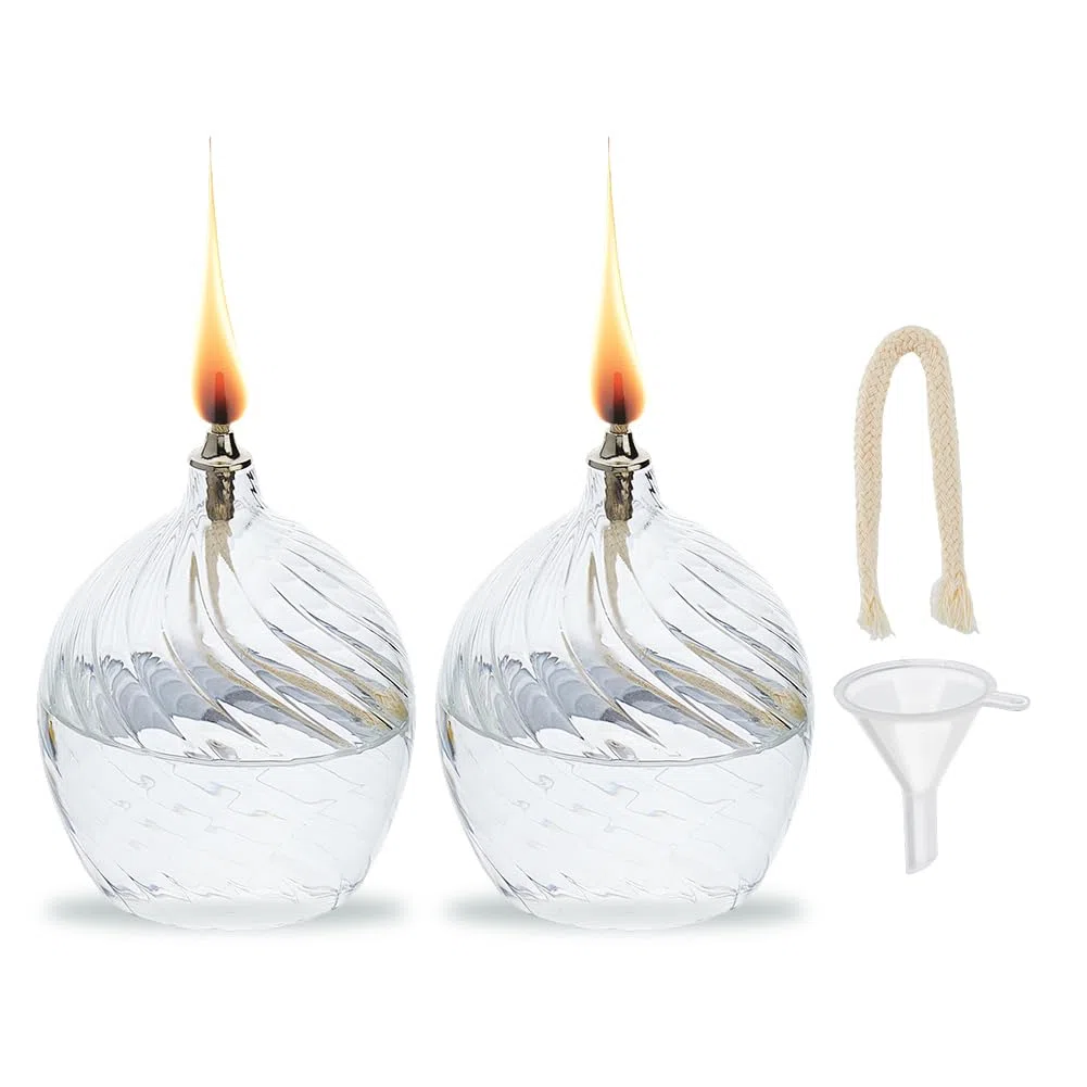 SUPERFINDINGS 2 juegos lámparas de aceite de vidrio Clear,luces de té de combustión larga,15.2cm,Lámpara de Aceite para Interiores,aspecto único con rosca interior,mecha de algodón y soporte incluidos