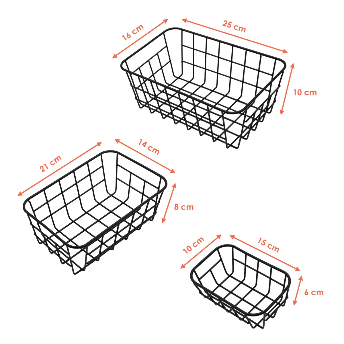Cesta de almacenamiento de metal, color negro, 2 x 25/21 / 15 cm, juego de 6 unidades, apilables, cesta de alambre para estantería, armario, cocina, oficina