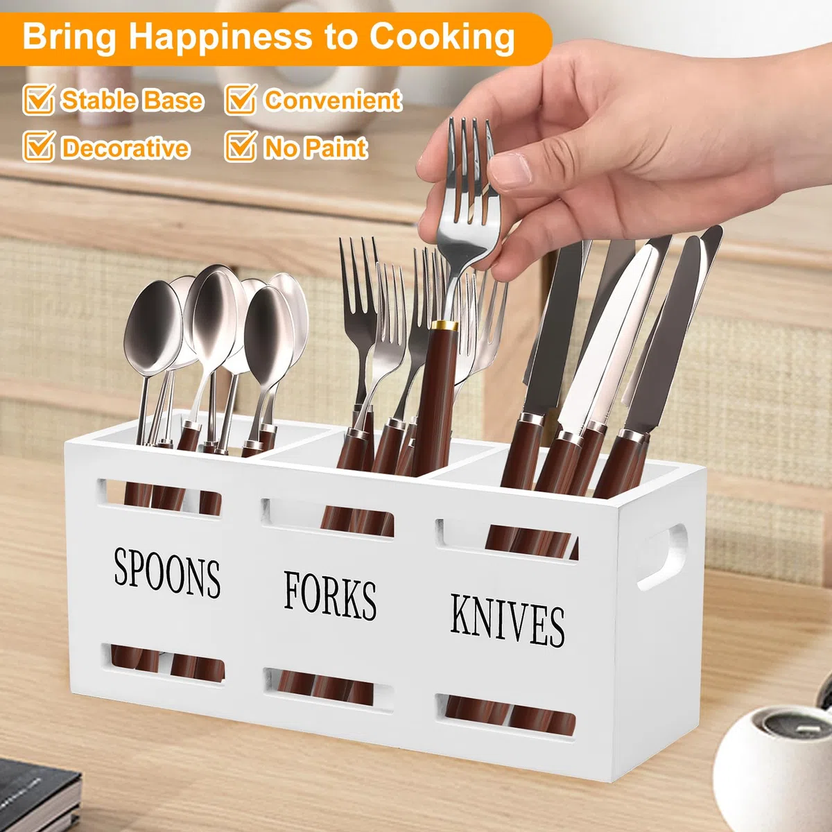 GAESHOW Bote para Utensilios de Cocina, 3 En 1 Soporte Cuchillos Cocina, Utensilios de Cocina, Soporte Utensilios de Cocina de Madera para Cuchara Tenedor Palillos, 25.5 X 8.7 X 11cm (Blanco)