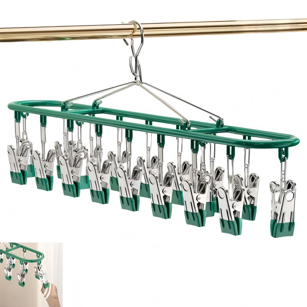 Tendedero de acero inoxidable verde para ropa y calcetines con 20 pinzas para secar ropa y ropa interior infantil