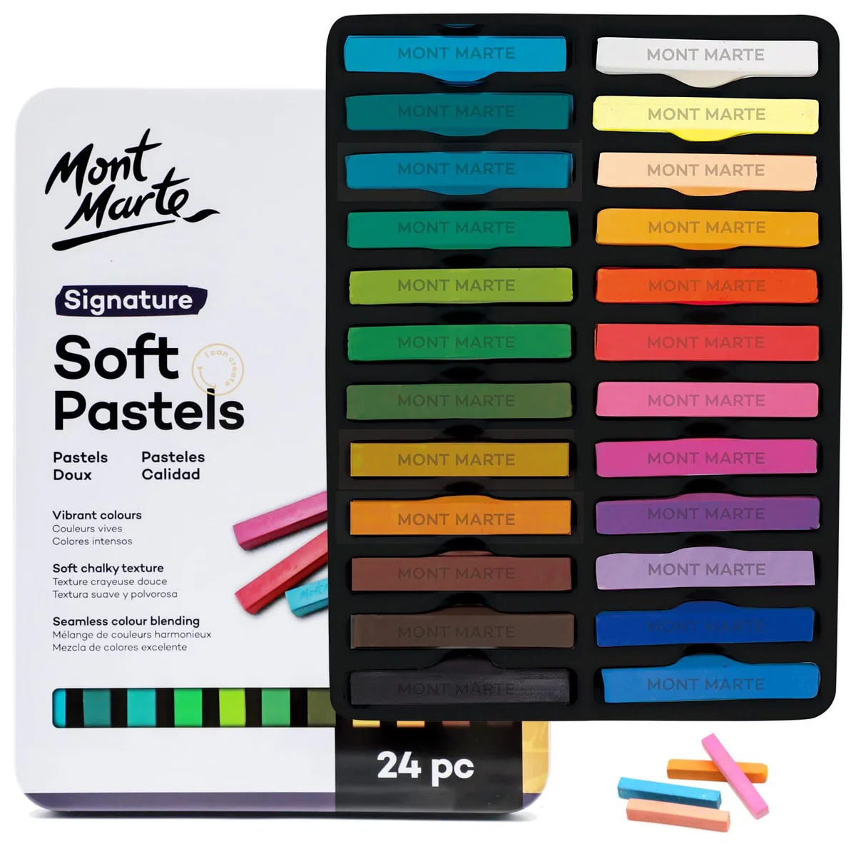 MONT MARTE Pasteles suaves en caja de lata, 24 unidades, 24 colores surtidos, barras pastel vibrantes, gran mezcla, viene en estuche de almacenamiento, ideal para arte, manualidades, colorear y