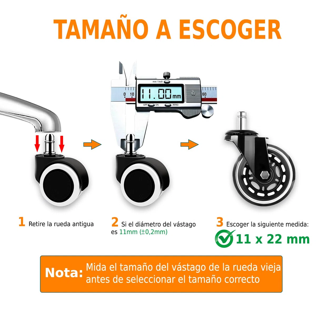 Ruedas Silla Oficina Goma 11 x 22 mm para Pisos de Madera y Alfombras Soportan hasta 300 Kg - Set de 5 Ruedas para Sillas Oficina Silenciosas y Resistentes que No Rayan El Suelo Transparentes
