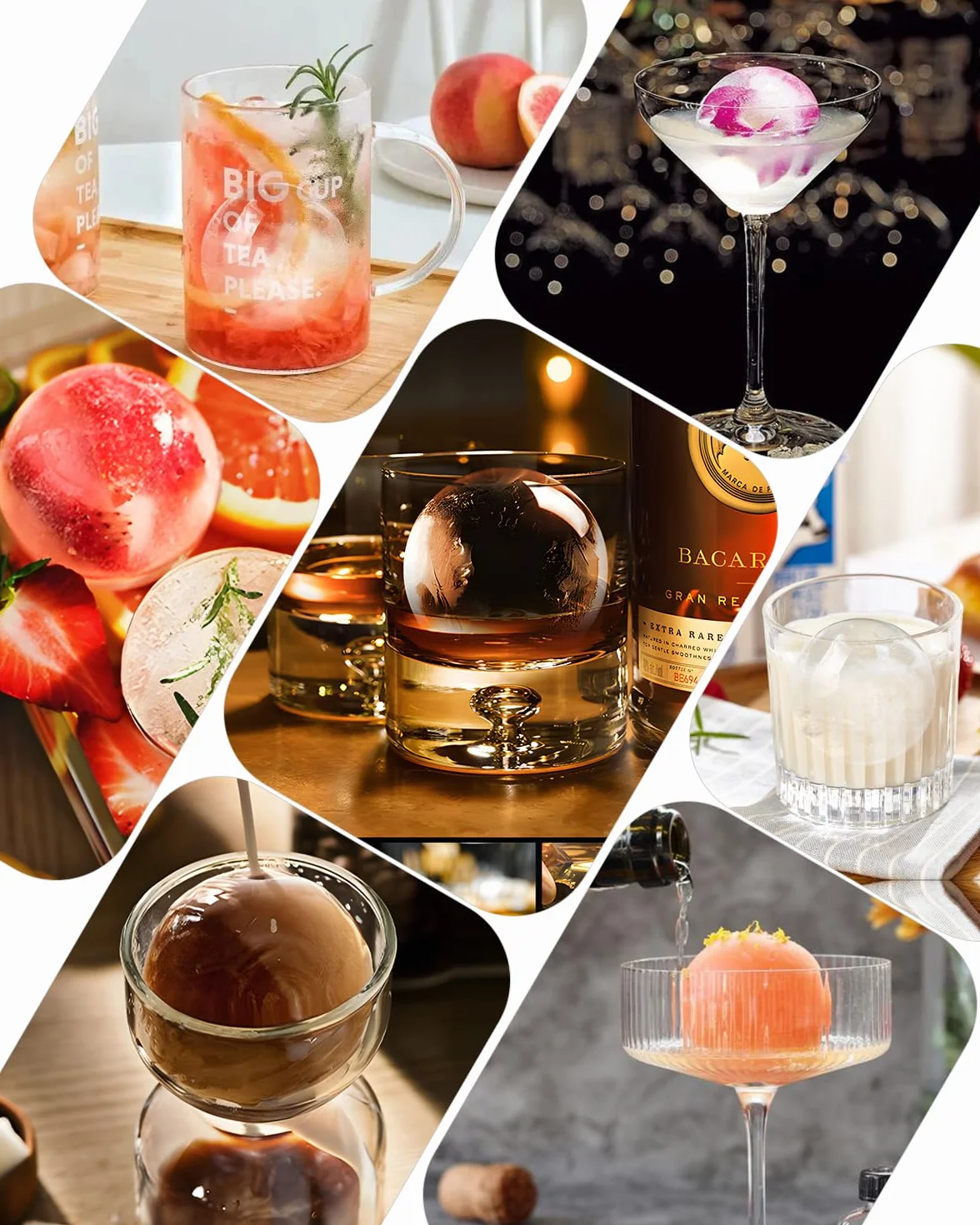 Cubiteras para hielo grande de silicona para whisky - Set de 4 con tapa de embudo 2 en 1 - Moldes de cubitos de hielo redondos de 6cm para cócteles de bourbon - Liberación fácil - Large ice cube tray