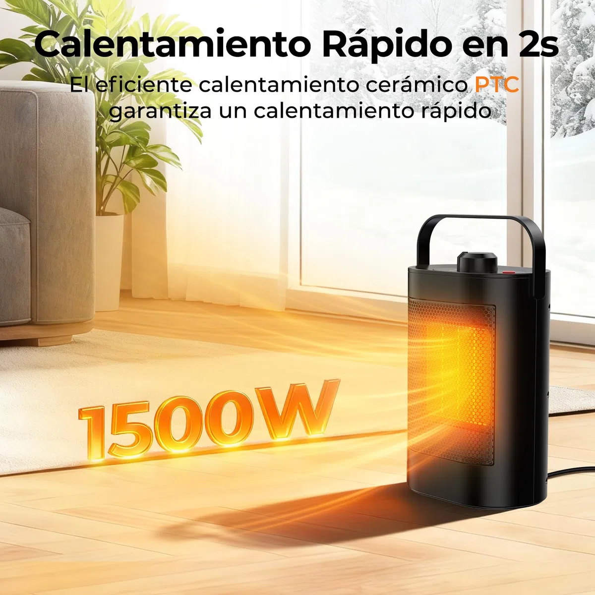 Calefactor Bajo Consumo, 1500W, 3 Modos, Calefactor de Cerámico PTC, Protección Sobrecalentamiento y Protección contra vuelcos, Portátil Estufa Eléctrica para Dormitorio, Salon, Oficina