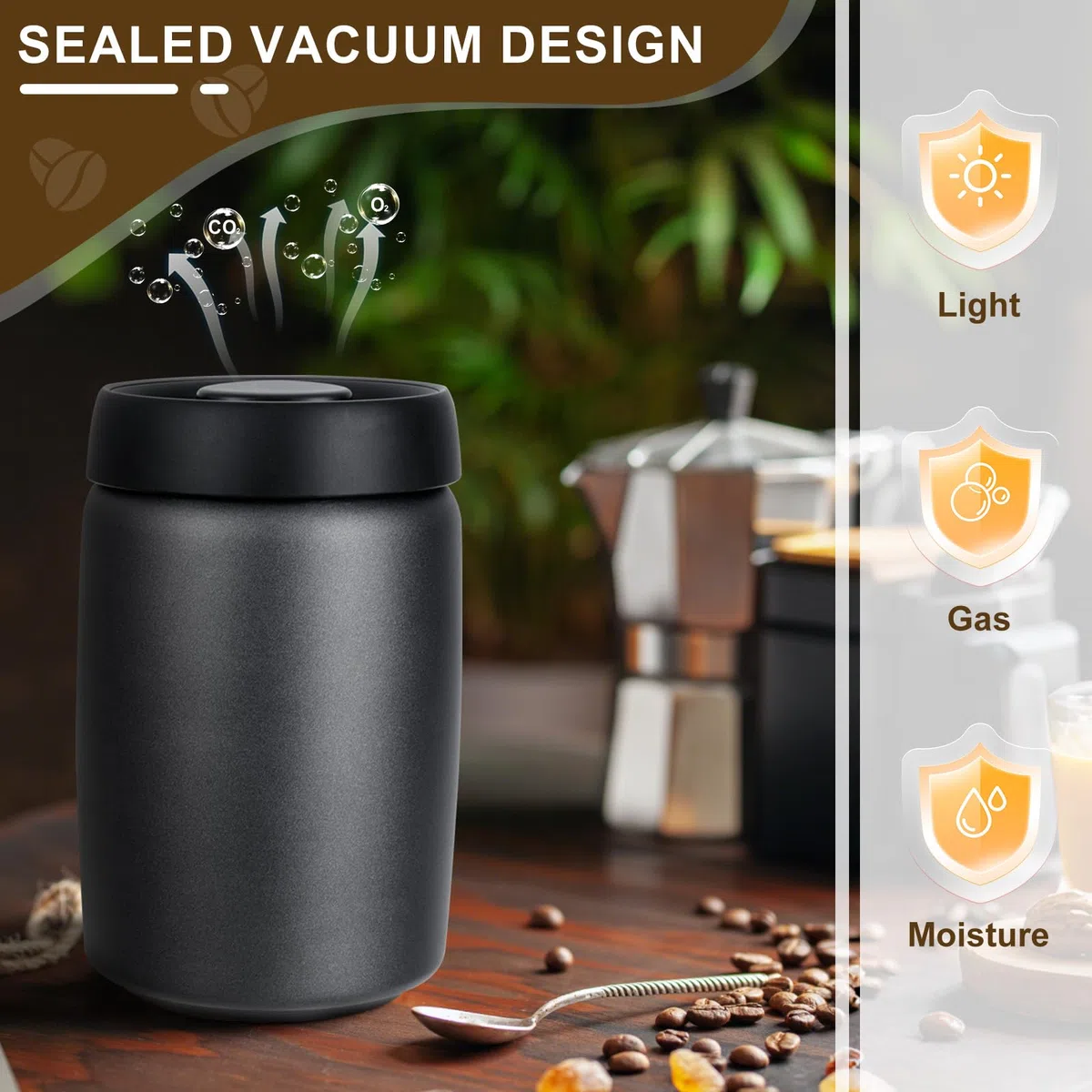 Cozary Bote para Café, Tarro de 1.2L Hermético de Acero Inoxidable con tapa de vacío, para almacenar granos de café, té, nueces, especias, cacao, etc (negro)