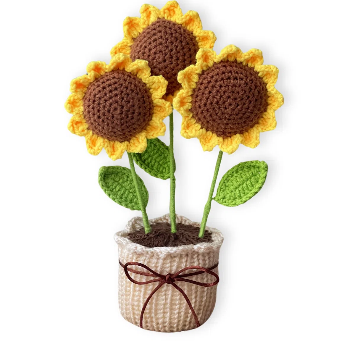 Girasol de Ganchillo - Flor de Ganchillo Colorida - Decoración única para el hogar - Girasol, Listo para Regalar. (Beige Maceta)