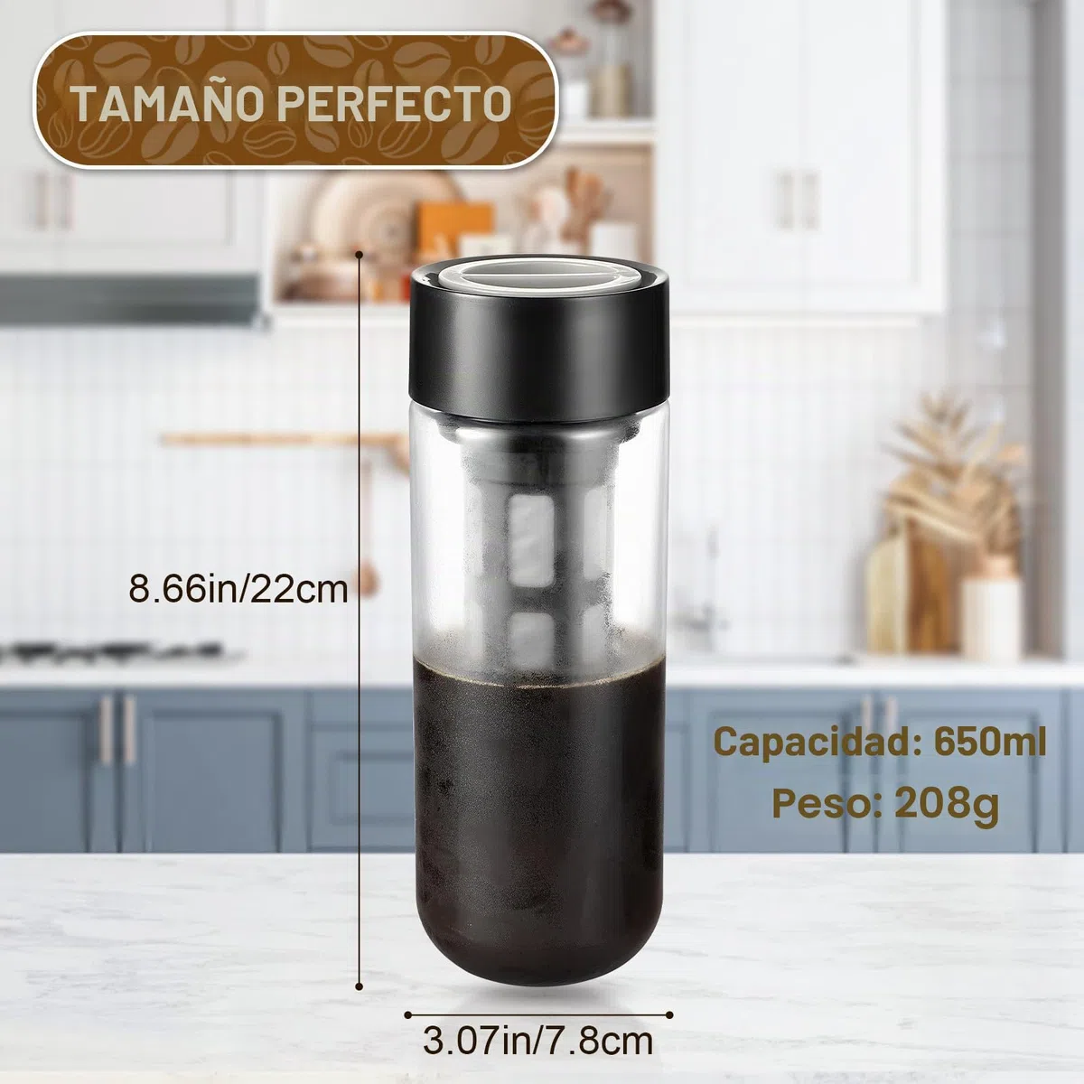 Ideal Swan Cafetera fría de 650 ml portátil con filtro de malla fina, botella de té fría multiusos para café y jugo, cafetera helada para exteriores, viajes, hogar