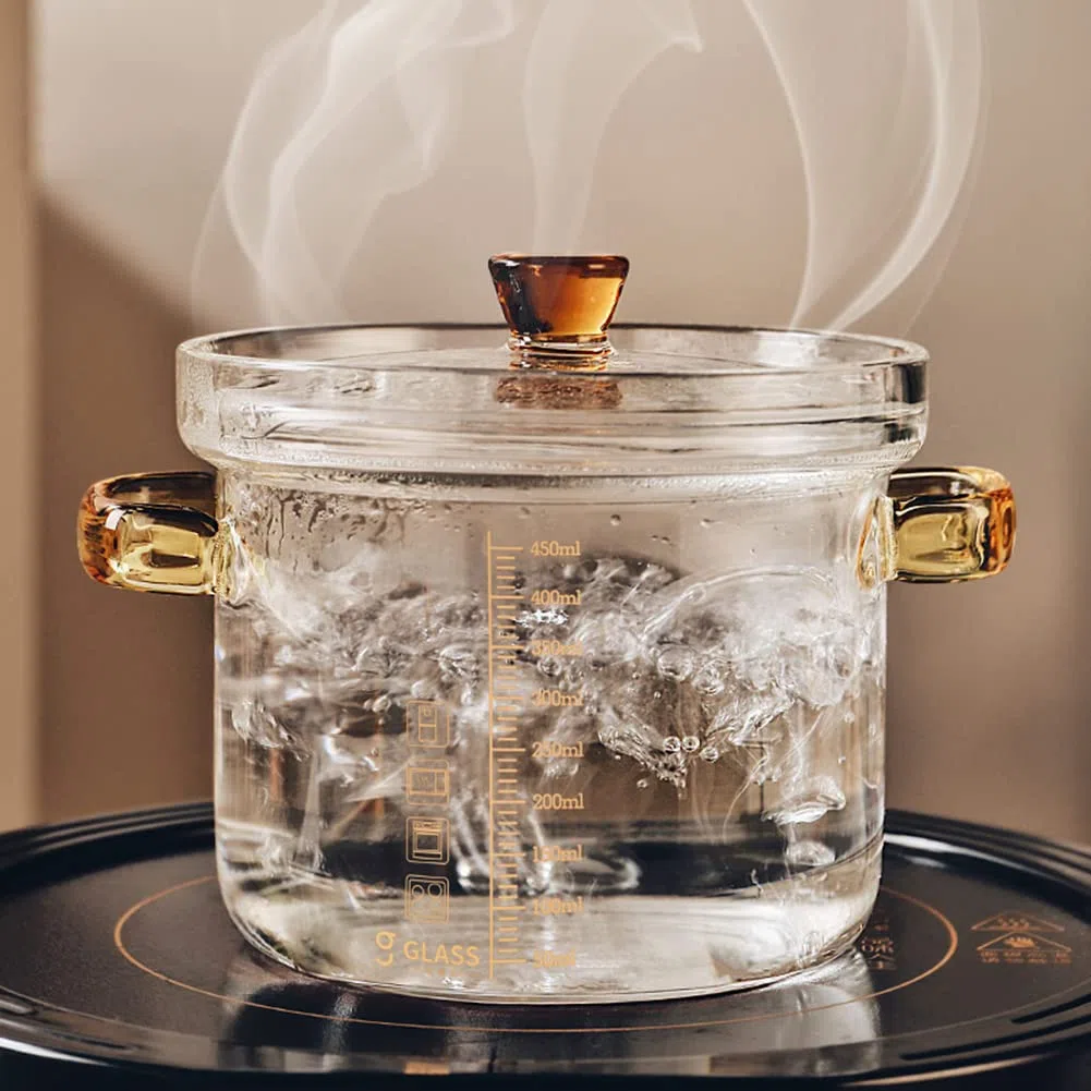 0.45L/15.8oz Olla de Cristal para Sopa, Olla de Sopa de Vidrio para Placa de Inducción, Olla Multifuncional de Vidrio Transparente de con Tapa para Ensalada, Sopa de Pasta y Leche