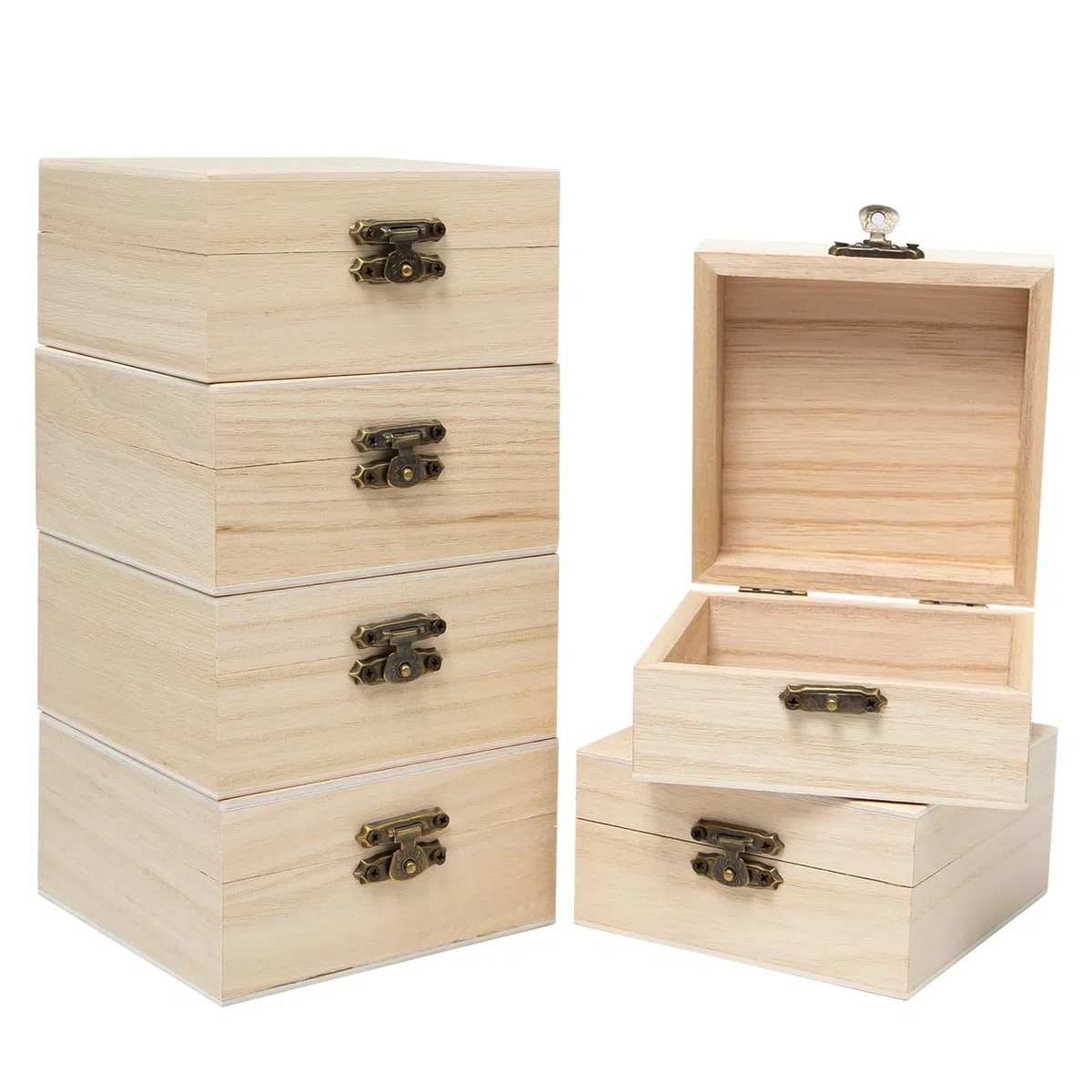 6 Piezas Caja de Madera Cuadrada con Tapa 10x10x5cm Cajas Madera Pequeña Sin Acabar Cajas de madera Almacenaje con Cierre de Metal para Manualidades y Almacenamiento