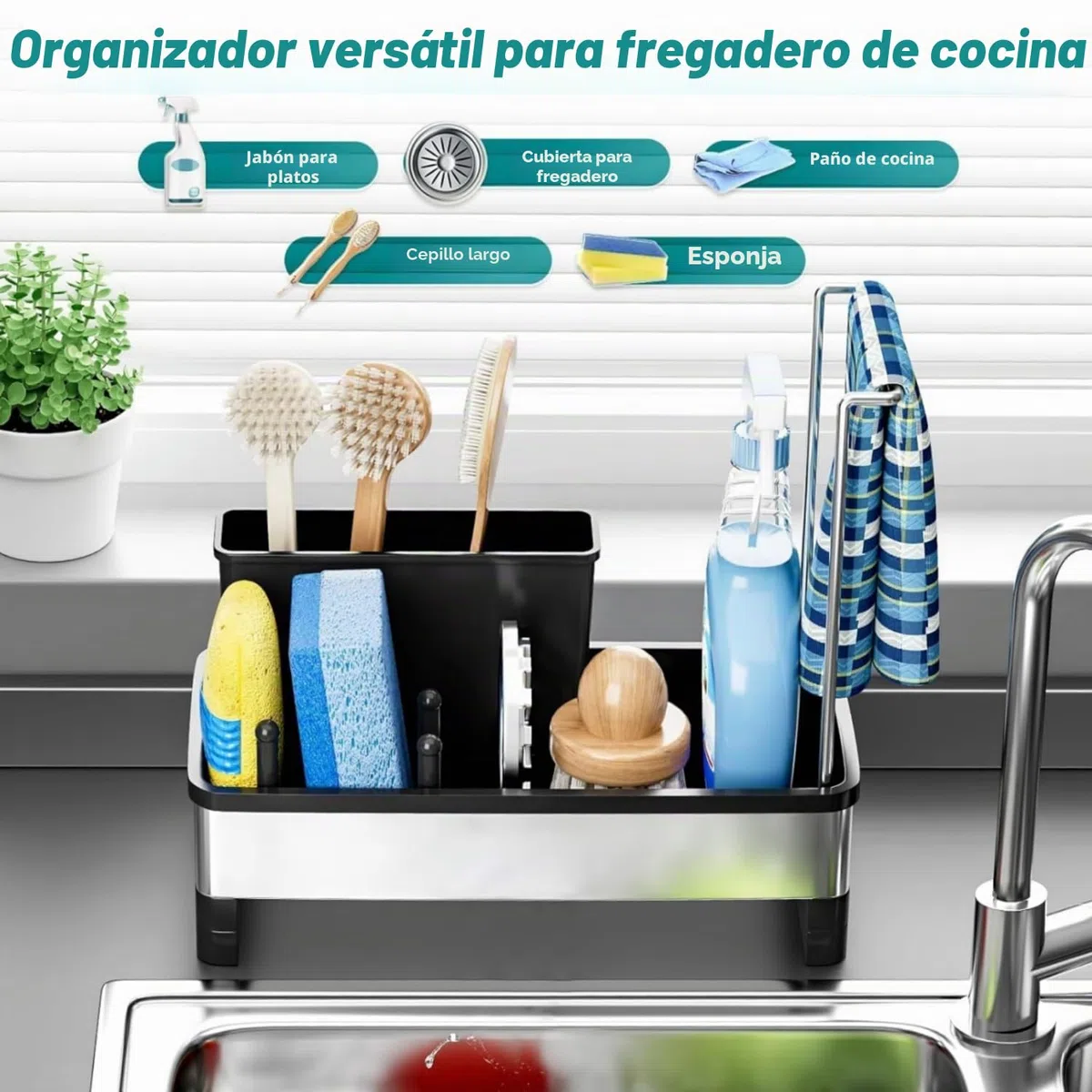 Organizador Cocina, Organizador Fregadero con Bandeja de Drenaje Autodrenante para Soporte de Esponja, Toallero, Soporte para Paños Cocina Accesorios para lavabo del Baño (Negro)