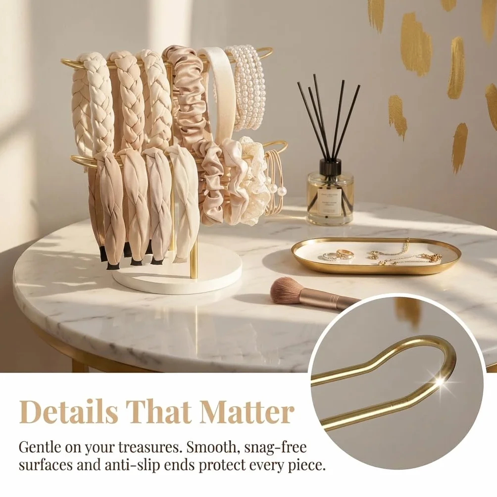 Organizador de Diadema de Metal, Expositor para Diademas de 2 Niveles, Organizador de Accesorios para el Cabello con Base Estable, para Guardar Diademas, Pulseras, Collares y Relojes, Dorado