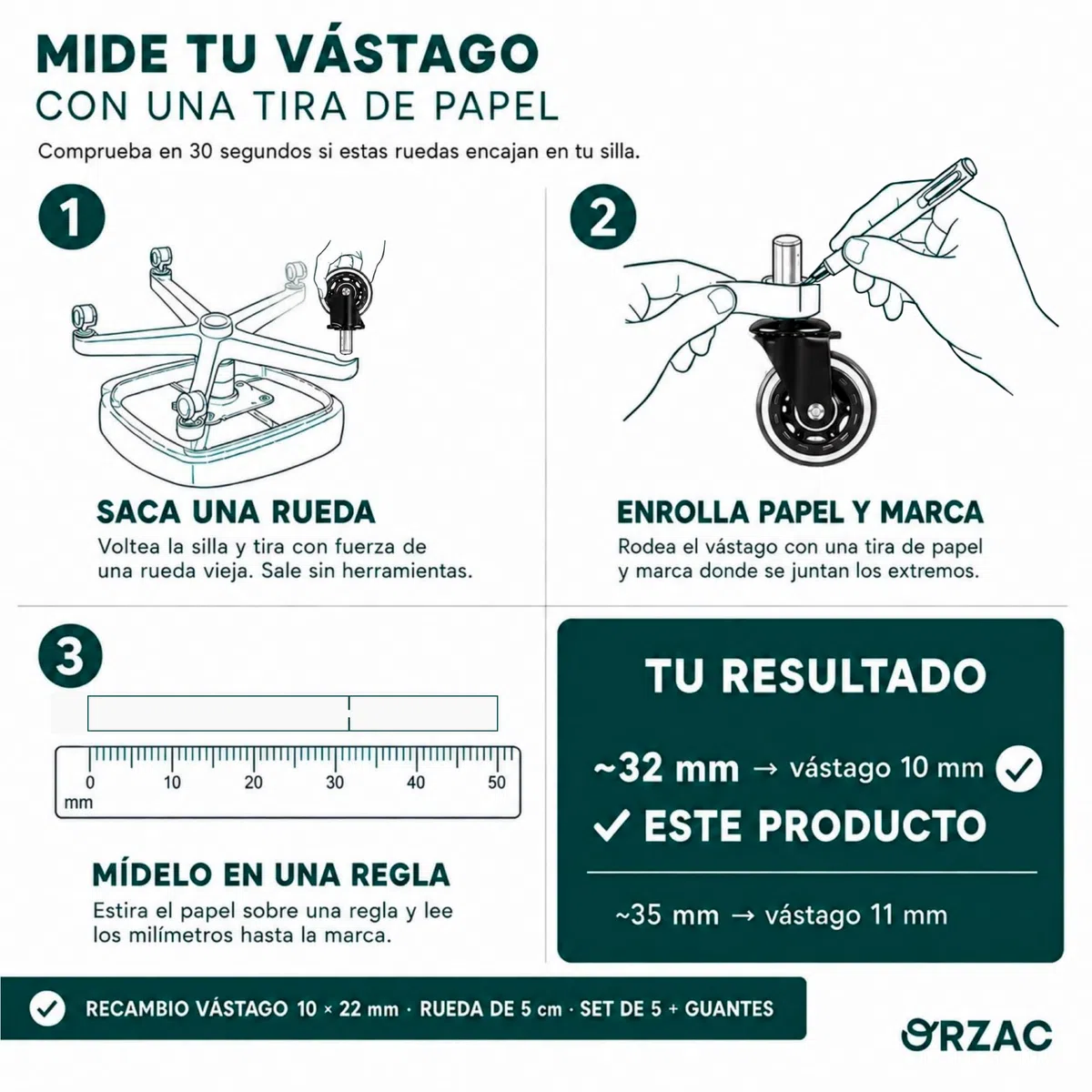 Ruedas Silla Oficina Goma para Gaming y Despacho | Vástago 10/22 mm Giro 360 | Set 5 Unidades con 2 Guantes | Silenciosas Antirayaduras para Parquet Vinilo y Madera Baldosas Recambios 10/22 mm