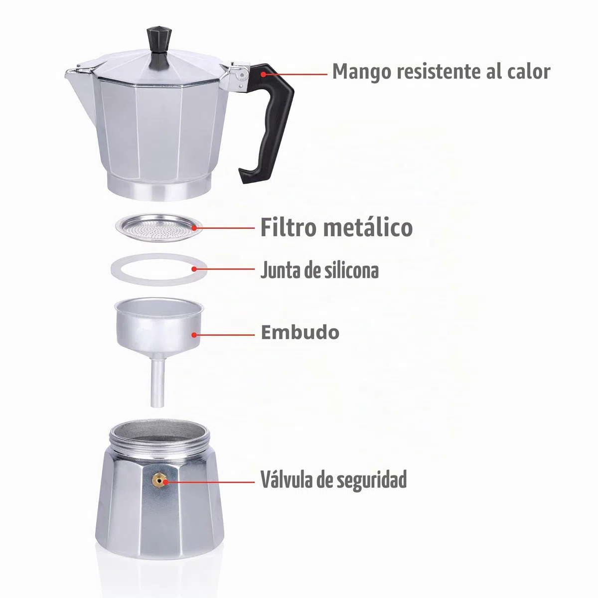 alpina Cafetera Acero Inoxidable 6 Tazas - Cafetera Italiana Acero ⌀10 x 19 CM - 320 GR - Greca de Café- Accesorios Cafetera Italiana - También con Gas/Halógeno/Cerámica - Aluminio