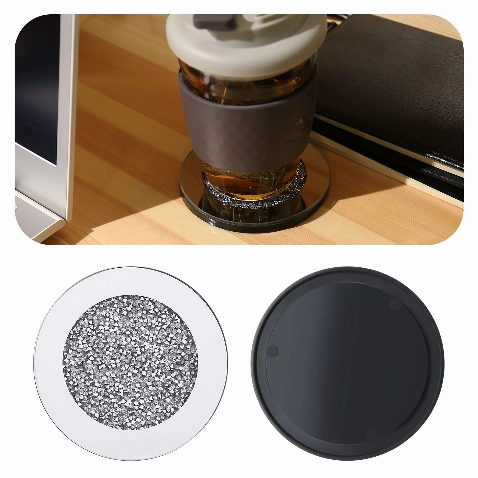 Posavasos Vidrio con Espejo Redondos 4 Pulgadas Antideslizante para Tazas Café Decoración Hogar