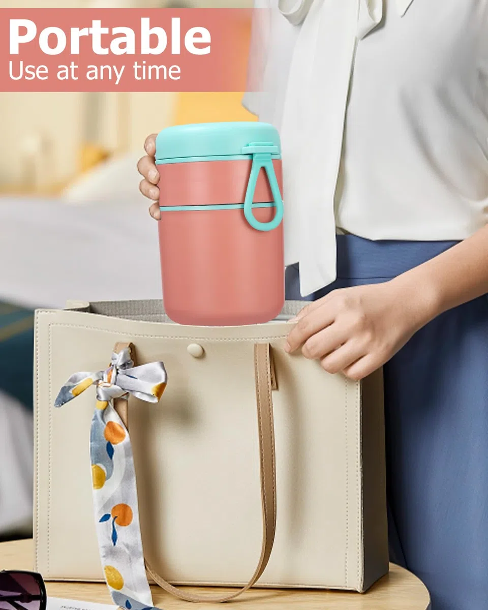 710ML Taza de Cereales y Yogurt para Llevar de Doble Capa con Cuchara,Termo para Comida de acero inoxidable,de yogur a prueba de derrames,para la escuela, oficina, viajes,Rosa green