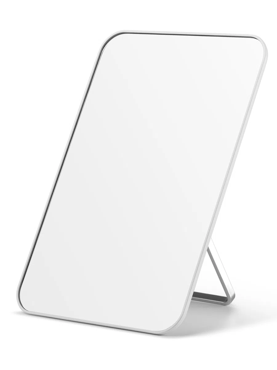 OMIRO Espejo de Maquillaje de Escritorio, Espejo de Mesa 21,4 x 13,7 cm con Soporte Plegable y Agujero para Colgar para Afeitar y Viajar, Blanco