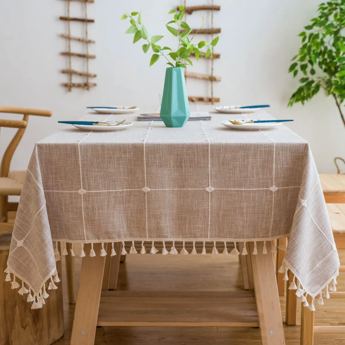 Pahajim Mantel Mesa Algodon Lino Manteles Cuadrada Diseño de Borlas Elegante Antimanchas Cubierta de Lavable Resistente para Decoración de la Mesa de Comedor (Beige,90x90cm)