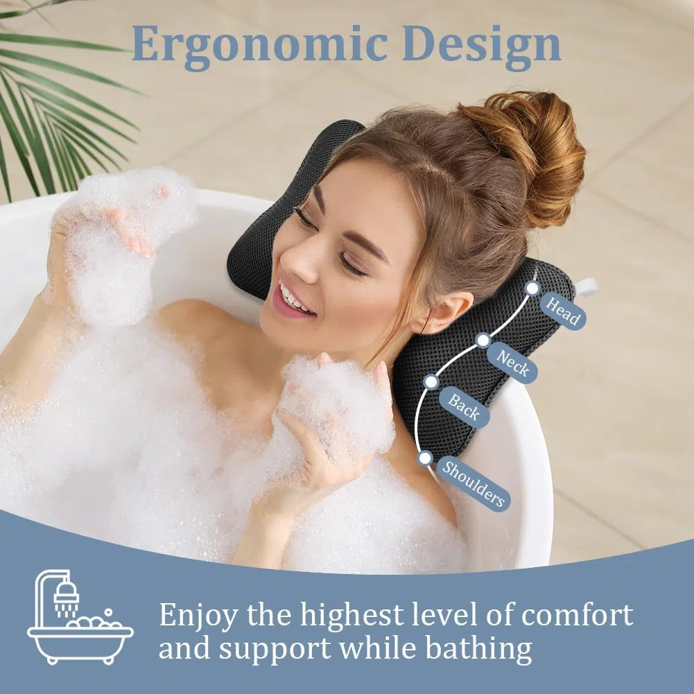 Flintronic Almohada de Baño, Almohada Bañera con 2 Ventosas Antideslizantes y Bolsas de Lavandería, Reposacabezas Ergonómico, Puede Soportar Cabeza Cuello Espalda, para SPA en Casa en Hotel Negro