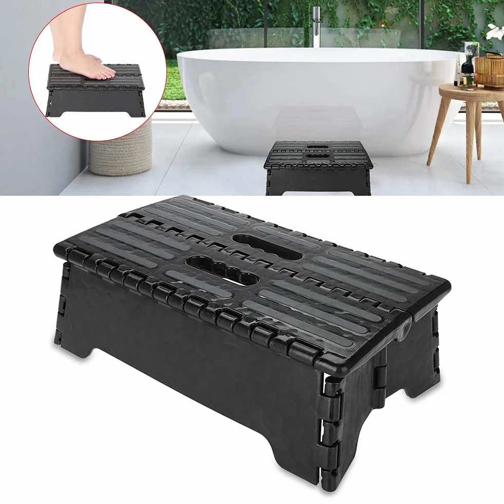 Taburete Plegable Multiusos Negro Antideslizante y portátil para baño y Cocina, Capacidad máxima 136 kg