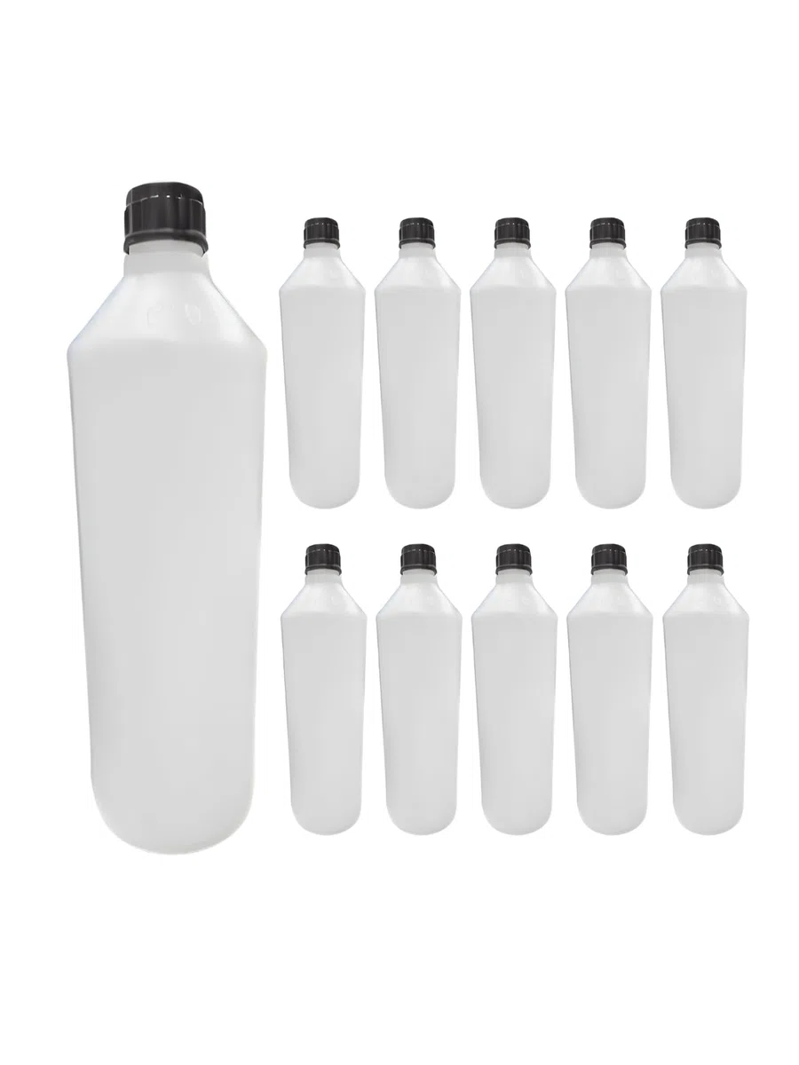 ECO-JIN | 10 Botellas Para Pulverizador con Tapón de Rosca | Capacidad 1 Litro | Balleta Incluida | Plástico Blanco Reutizable y Rellenable | Versátil y Resitente para Limpieza y Jardinería