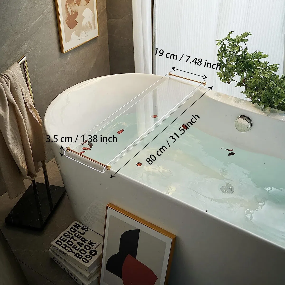 Beelee Estante de Bandeja de bañera - Estante de Bandeja de acrílico Transparente, con Pista Dorada, para Colocar Libros, teléfonos, Velas, Vin - Accesorios de baño Impermeables Caddy, BA0011G